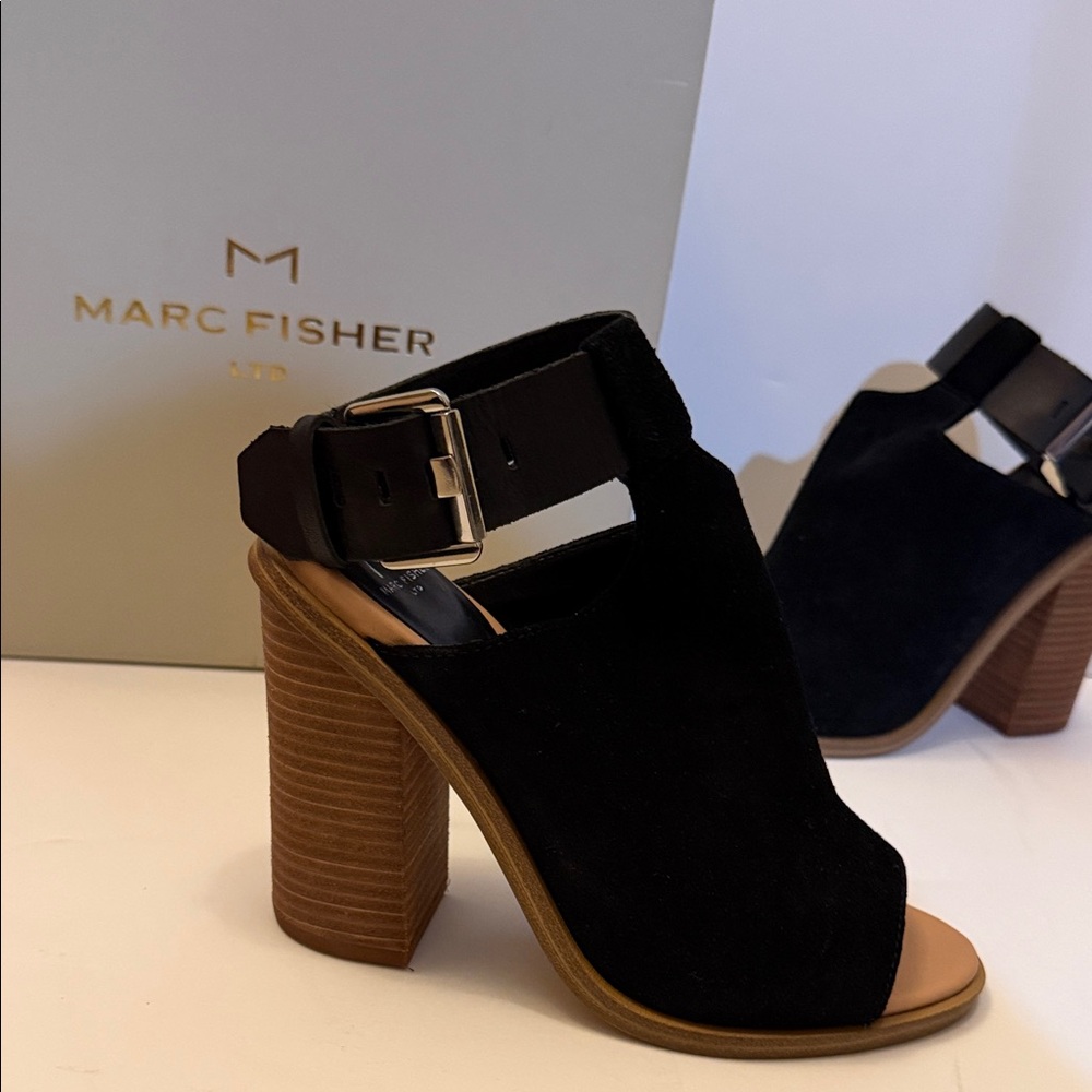 Marc Fisher Black Suede Open-Toe Chunky Heel Sandals